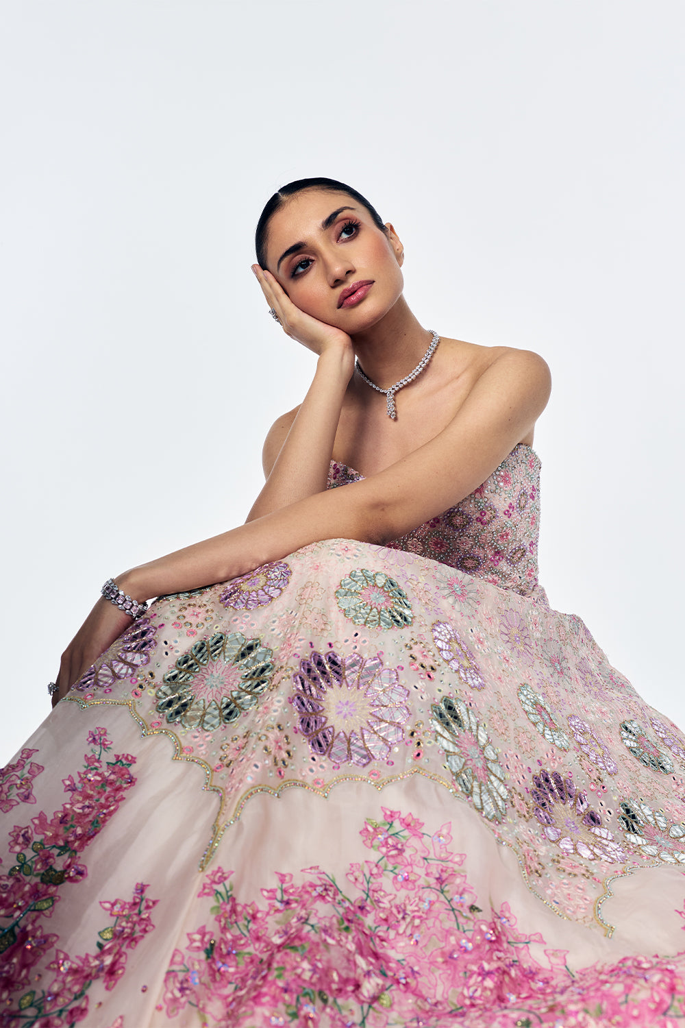 Organza Gown With Mirrorwork And Bougainvillea Embroidery In Lily Pink