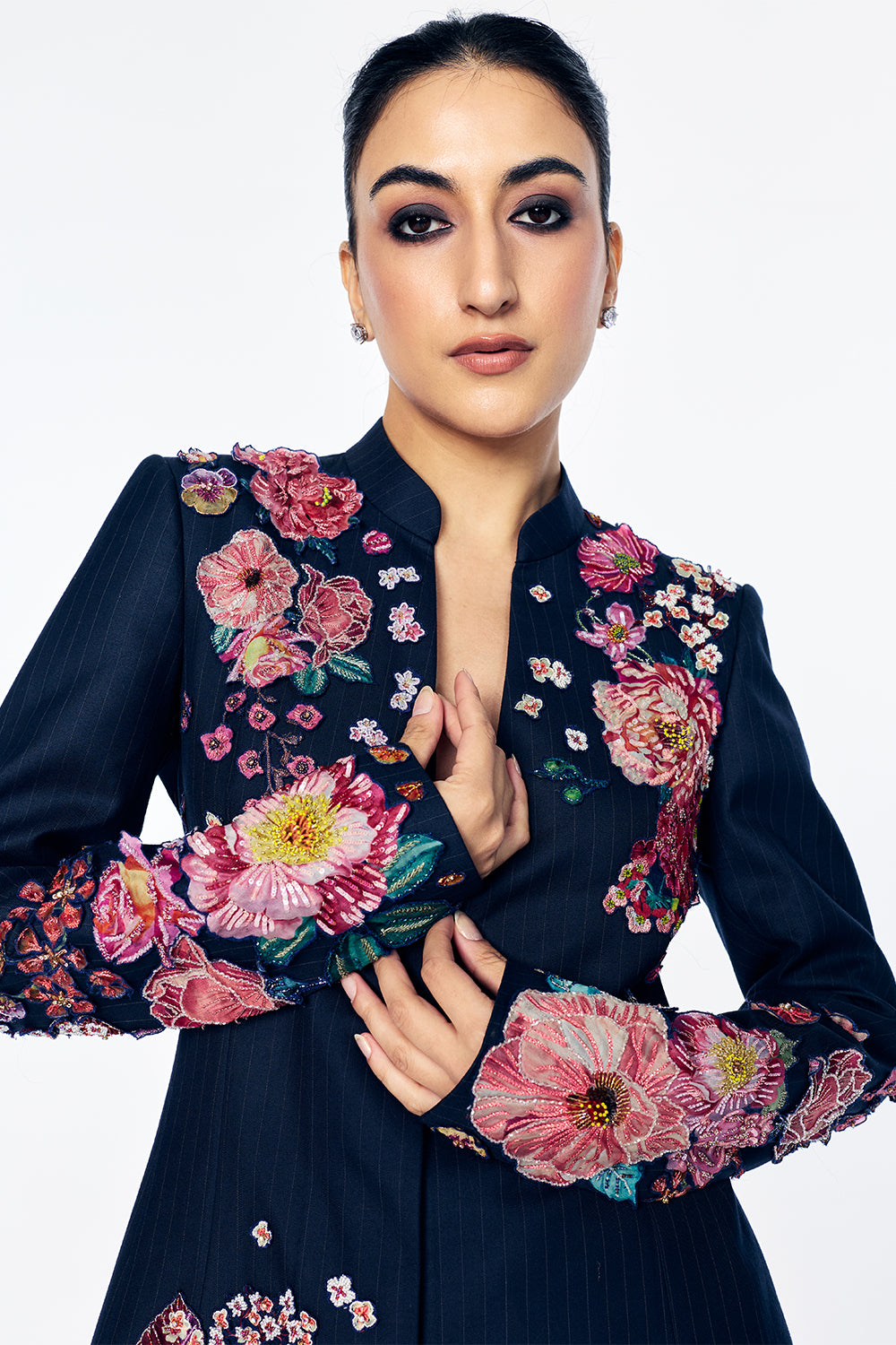 Florence Bandhgala With Tuscany-Inspired Satin-Thread Floral Embroidery In Navy