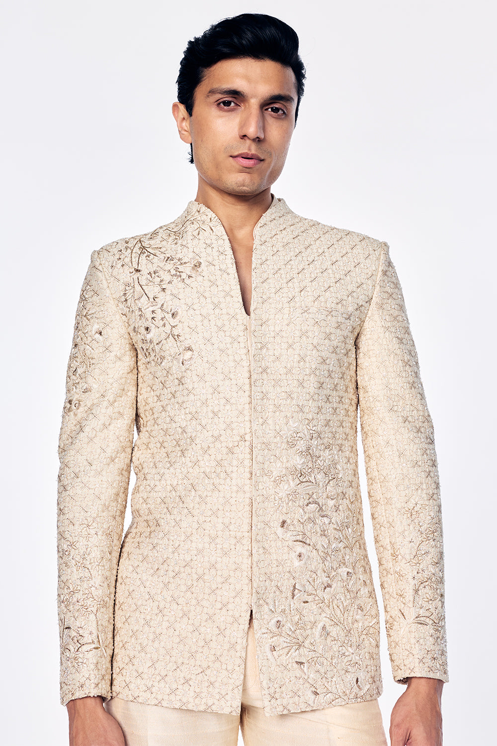 Zenith Raw Silk Bandhgala With Zari Stripes And Floral Embroidery In Ivory