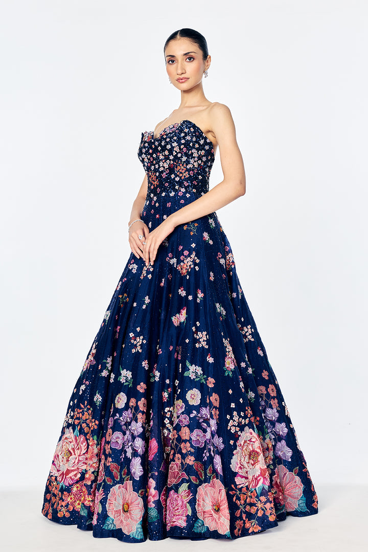 Organza Cape Embellished With Bold Botanical Bouquet Motifs In Navy