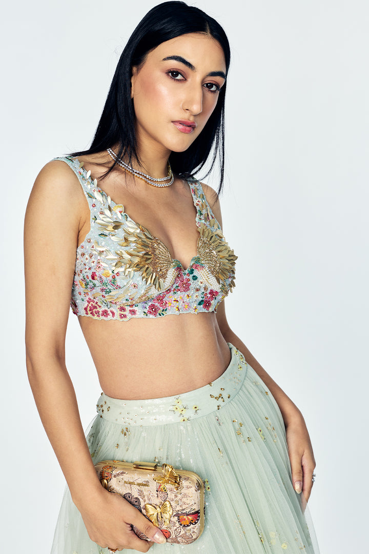 Zenith Skirt Set With Botanical Embroidery In Mint