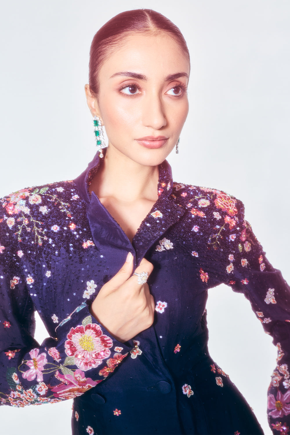 Florence Trench Cat With Satin-Thread Floral Embroidery In Navy