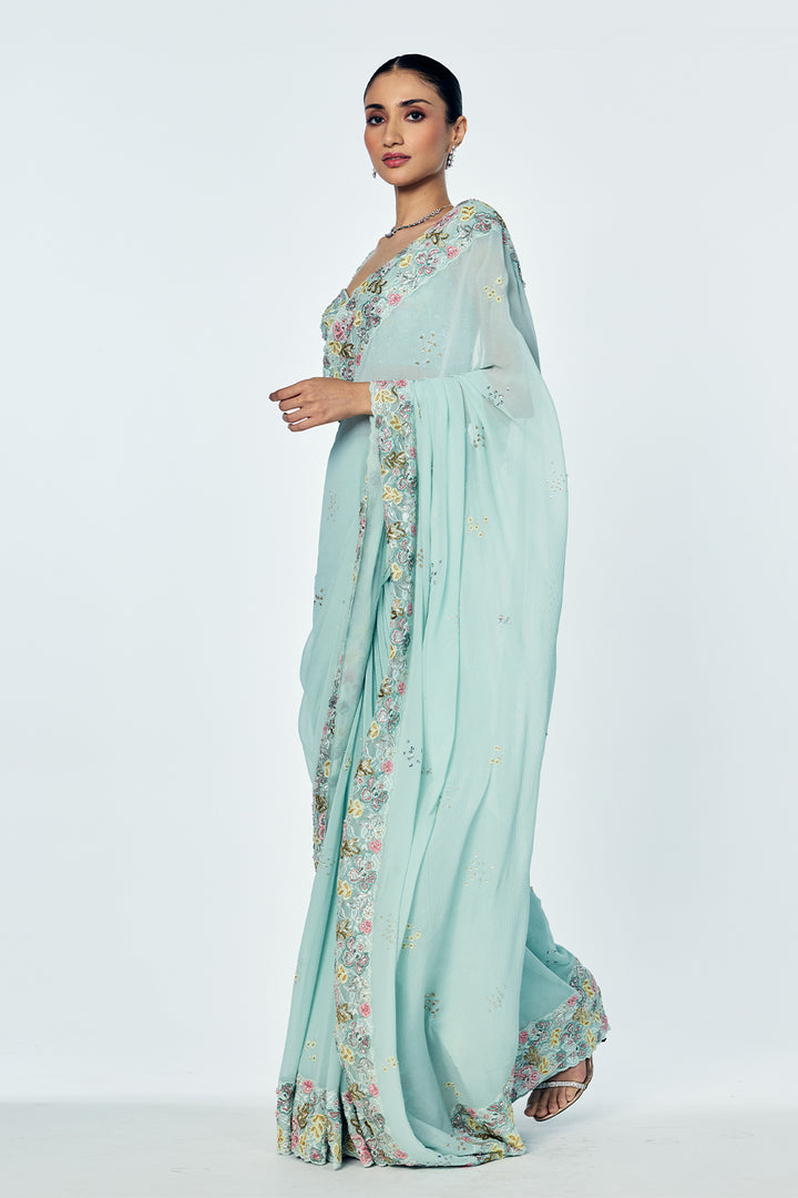 Zenith Saree Set With Intricate Floral Embroidery In Mint