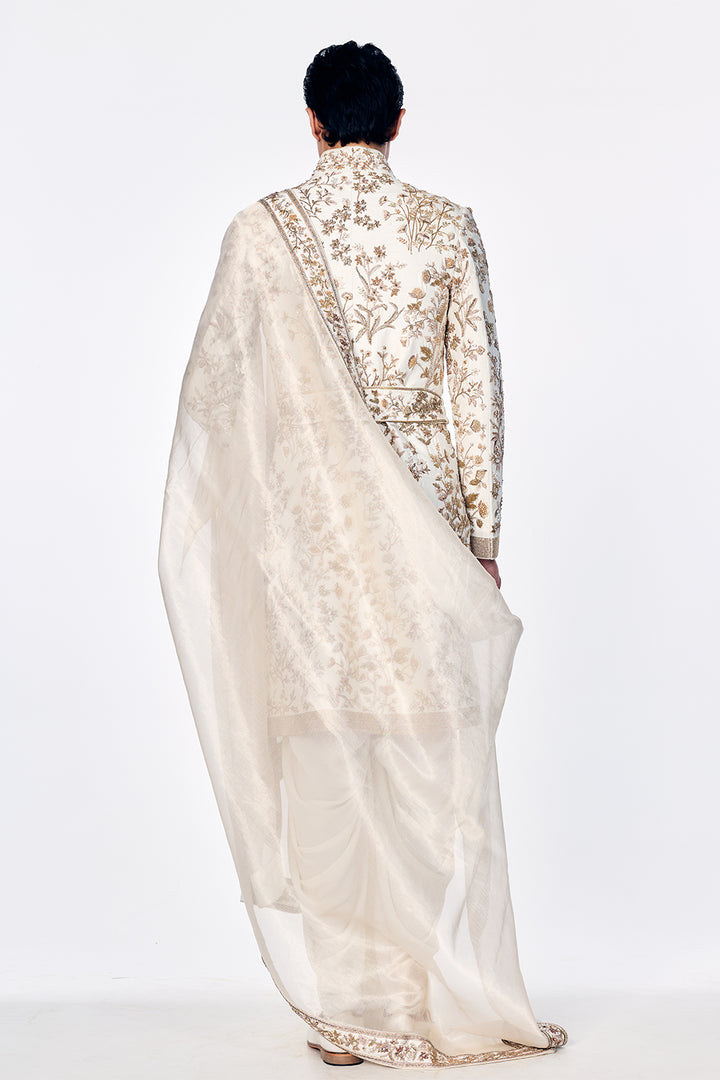 Silk Sherwani Set With Tonal Floral Embroidery In Ivory