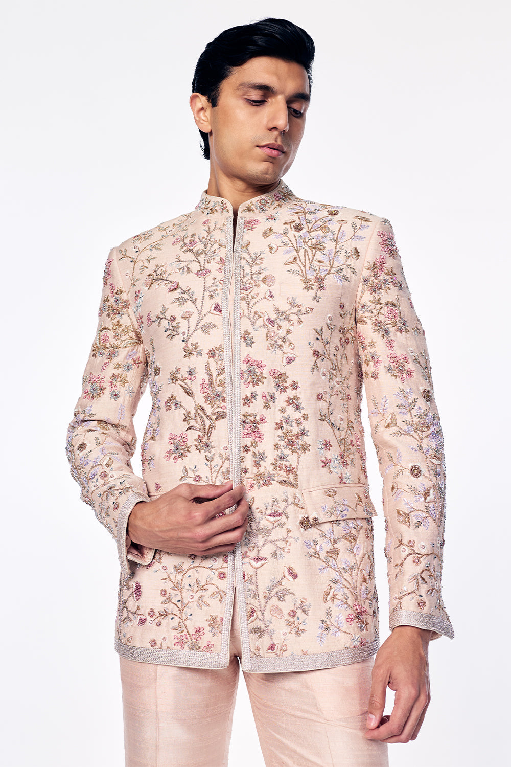 Flat Dupion Silk Bandhgala With Zardosi Floral Embroidery in Rose Gold