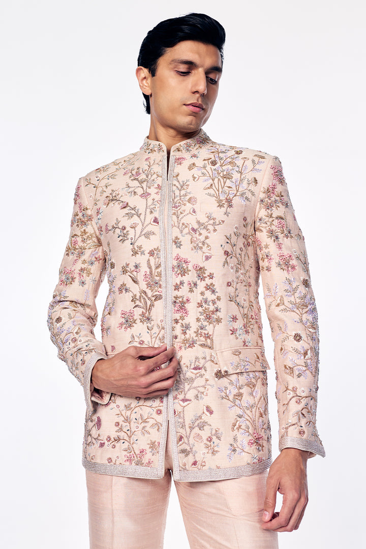 Flat Dupion Silk Bandhgala With Zardosi Floral Embroidery in Rose Gold