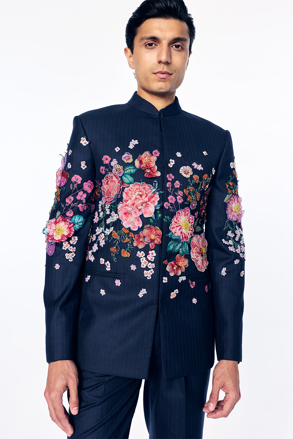 Florence Silk Bandhgala With 3D Floral Embroidery In Navy