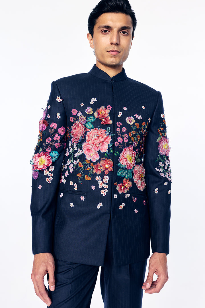 Florence Silk Bandhgala With 3D Floral Embroidery In Navy