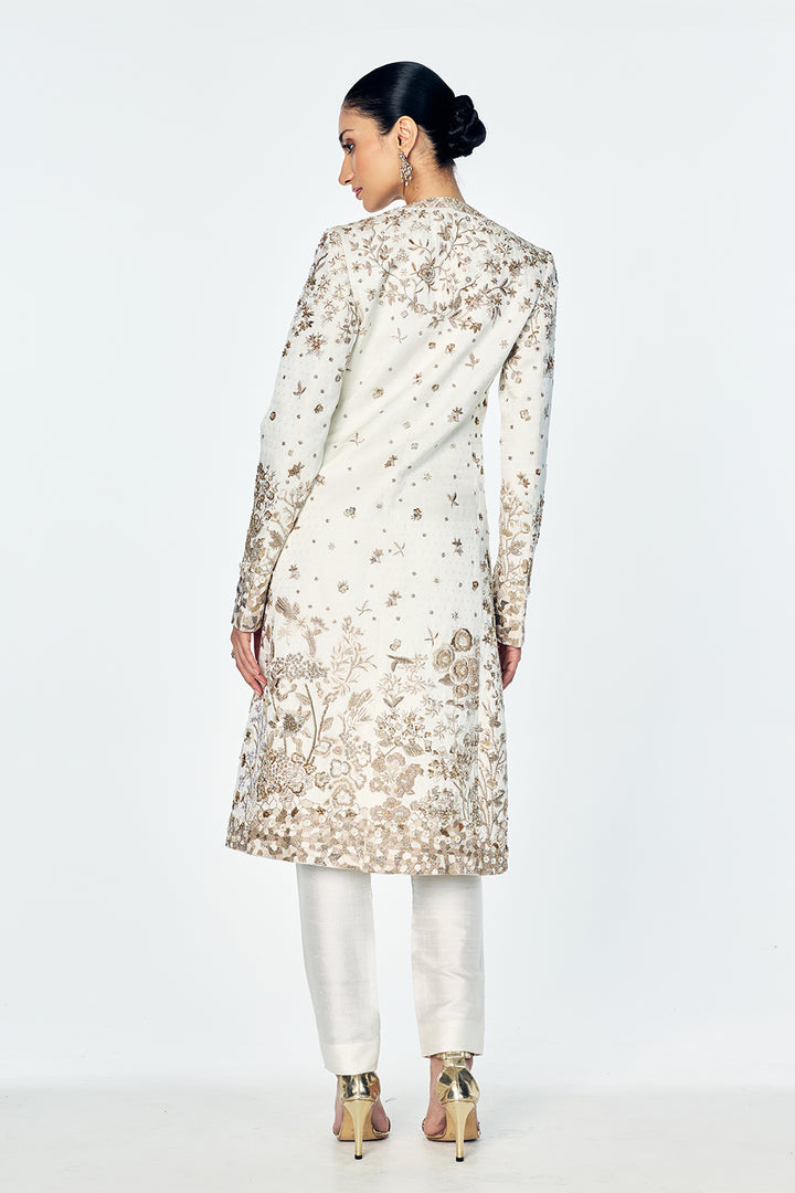 Paisley Jacquard And Raw Silk Jacket Set With Zenith Zardosi Embroidery In Gold and Ivory