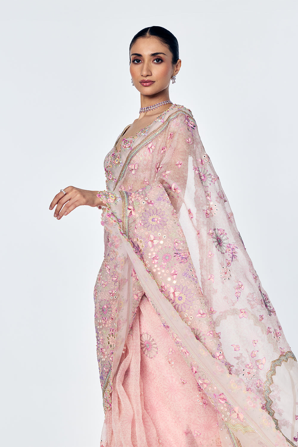 Silk Georgette Saree Set With Bougainvillea Embroidery In Rose Pink