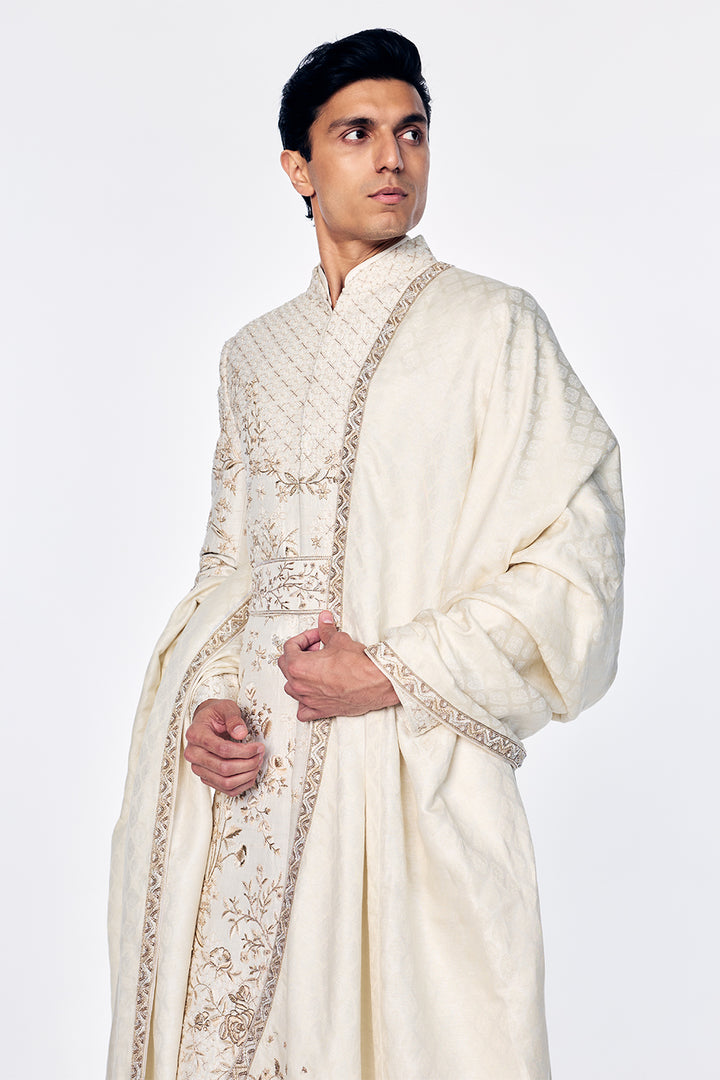 Zenith Sherwani Set With Botanical Golden Embroidery In Ivory
