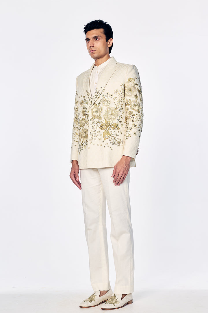 Double-Breasted Jacquard Jacket With Light Gold Zardosi And Floral Embroidery In Ivory