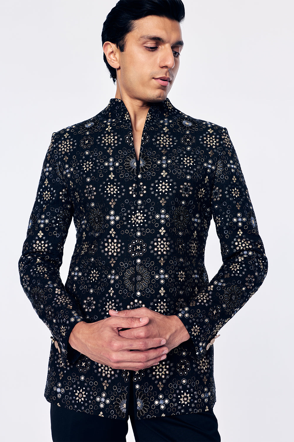 Chanderi Bandhgala With Geometric Jali Embroidery In Black