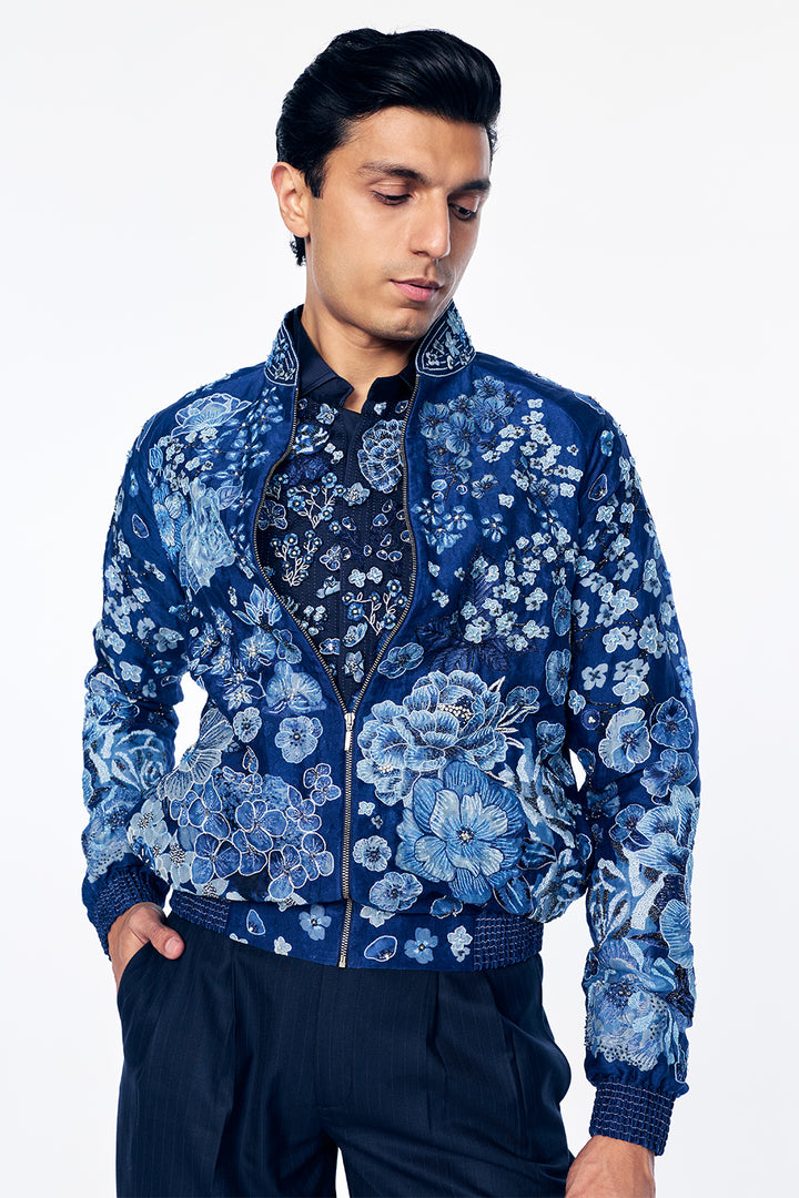 Organza Bomber Jacket With Monochromatic Floral Embroidery In Navy
