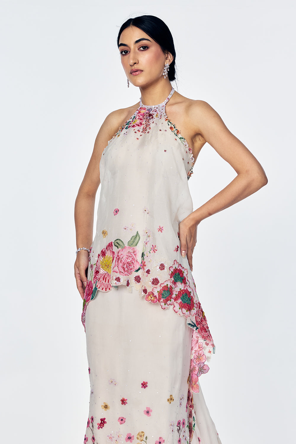 Florence Dress With Satin-Thread Floral Embroidery In Ivory