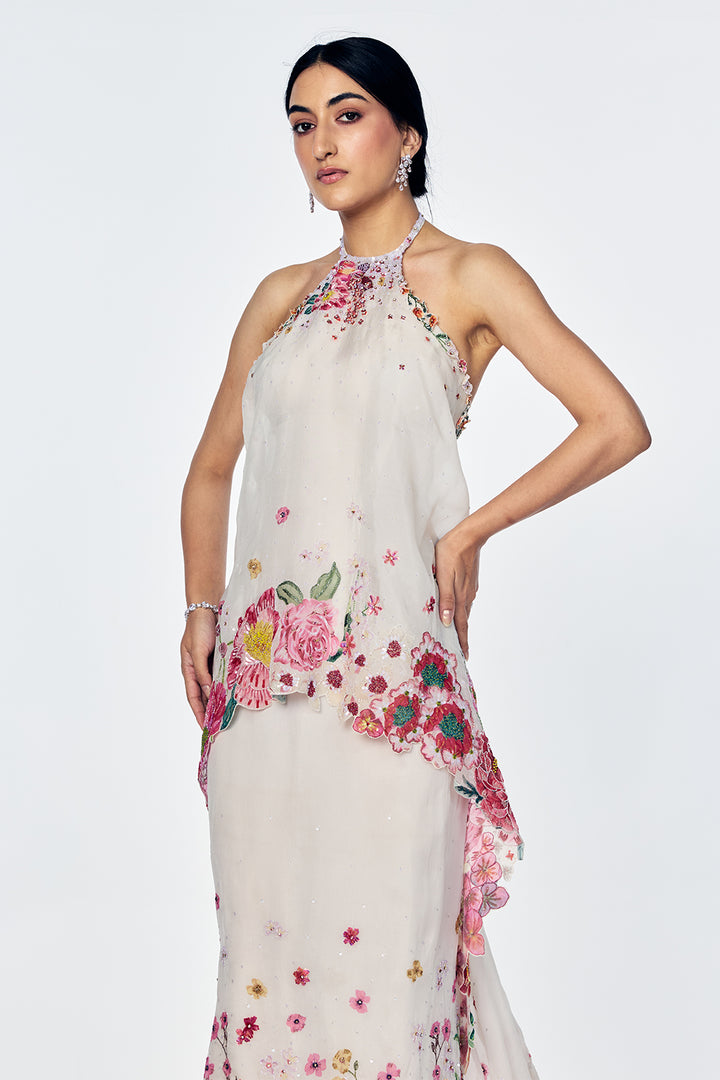 Florence Dress With Satin-Thread Floral Embroidery In Ivory