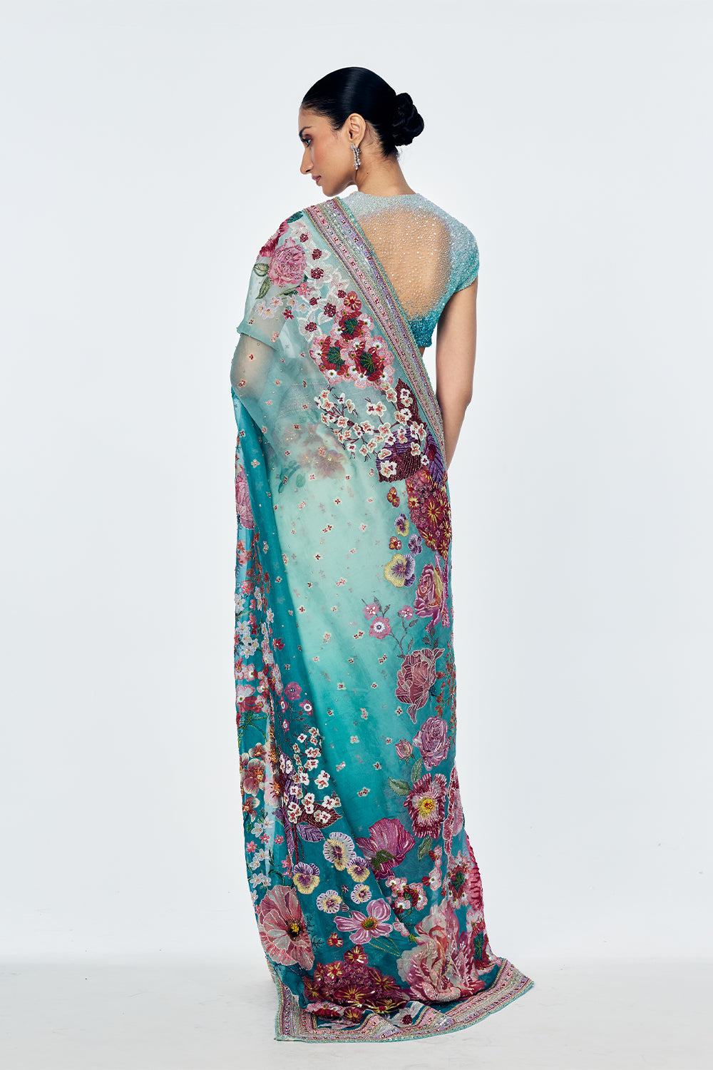 Florence Saree Set In Silk Organza And Soft Net With Satin-Thread Floral Embroidery In Mint