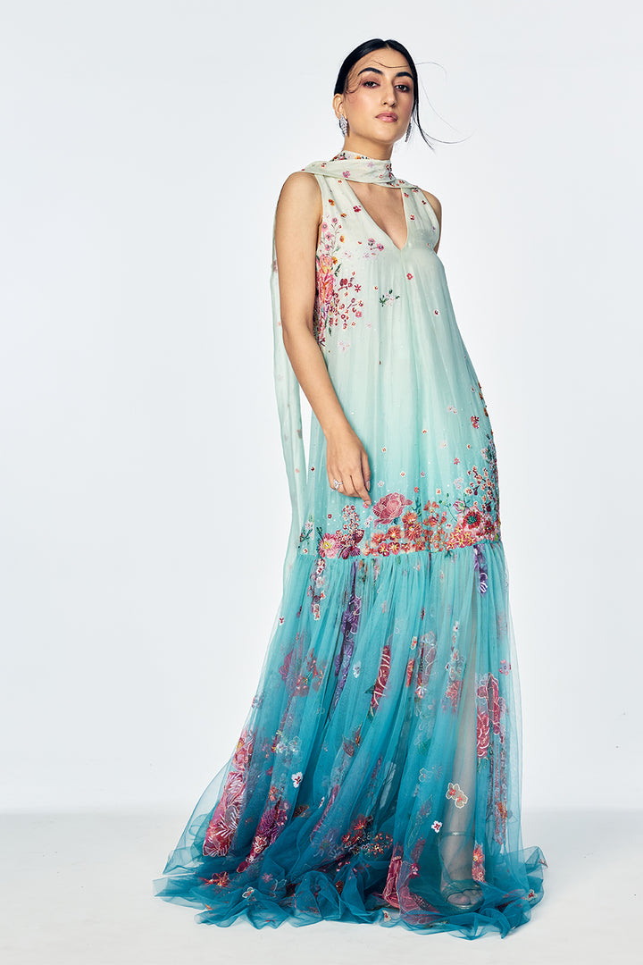 Organza And Silk Crepe A-Line Dress With Painterly Floral Embroidery In Mint