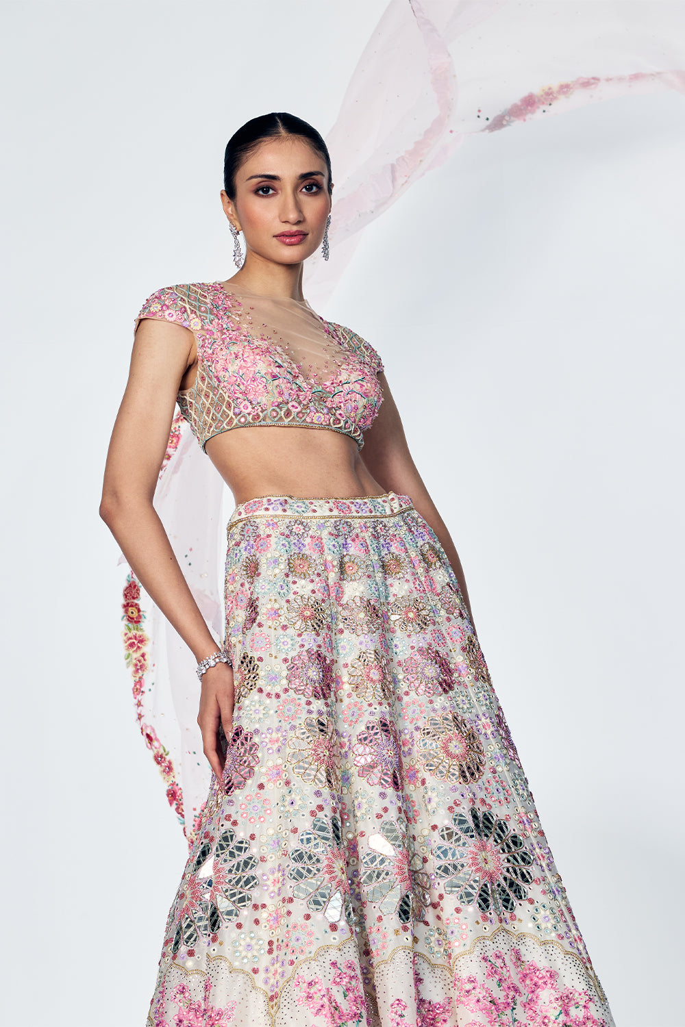 Organza Lehenga Set With Mirrorwork And Bougainvillea Embroidery In Ivory