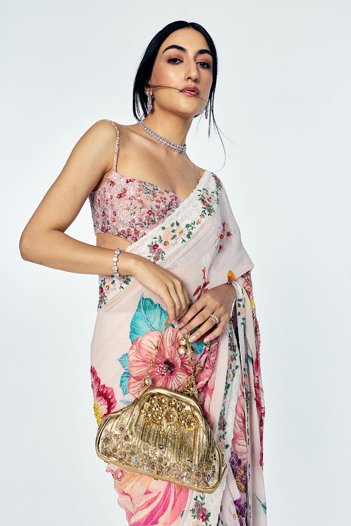 Florence Saree Set With Botanical Floral Print In Blush Pink