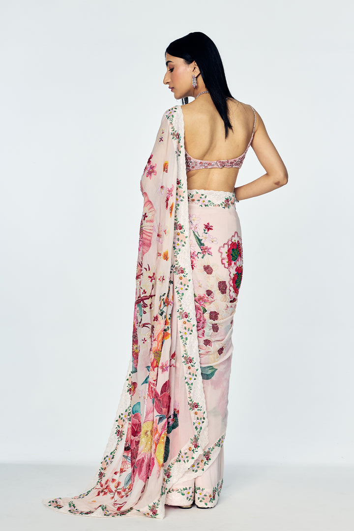 Florence Saree Set With Botanical Floral Print In Blush Pink