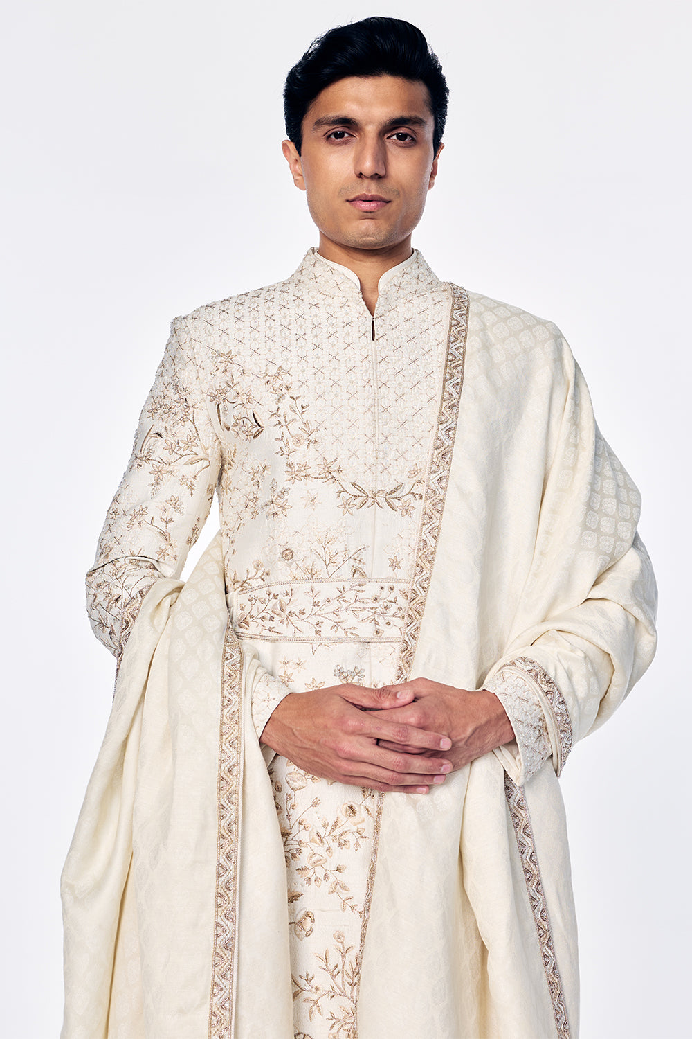 Zenith Sherwani Set With Botanical Golden Embroidery In Ivory