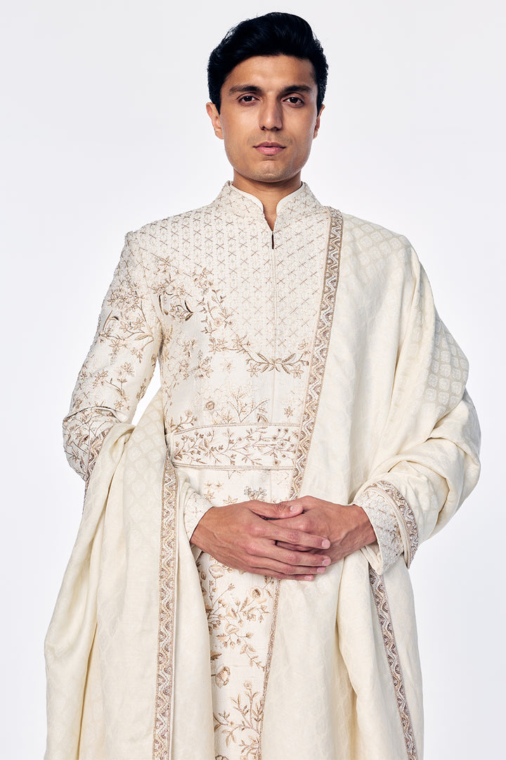 Zenith Sherwani Set With Botanical Golden Embroidery In Ivory