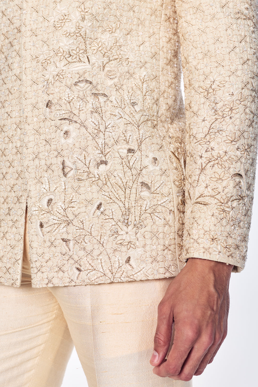 Zenith Raw Silk Bandhgala With Zari Stripes And Floral Embroidery In Ivory