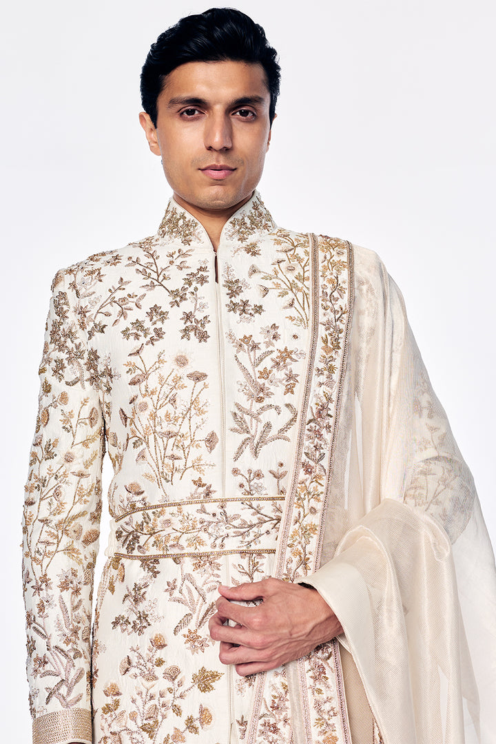 Silk Sherwani Set With Tonal Floral Embroidery In Ivory