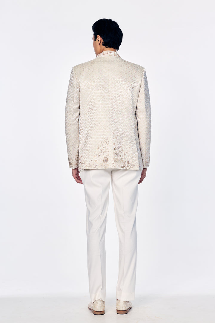 Zenith Satin Tissue Tuxedo Jacket With Signature 3D Floral Embroidery In Ivory