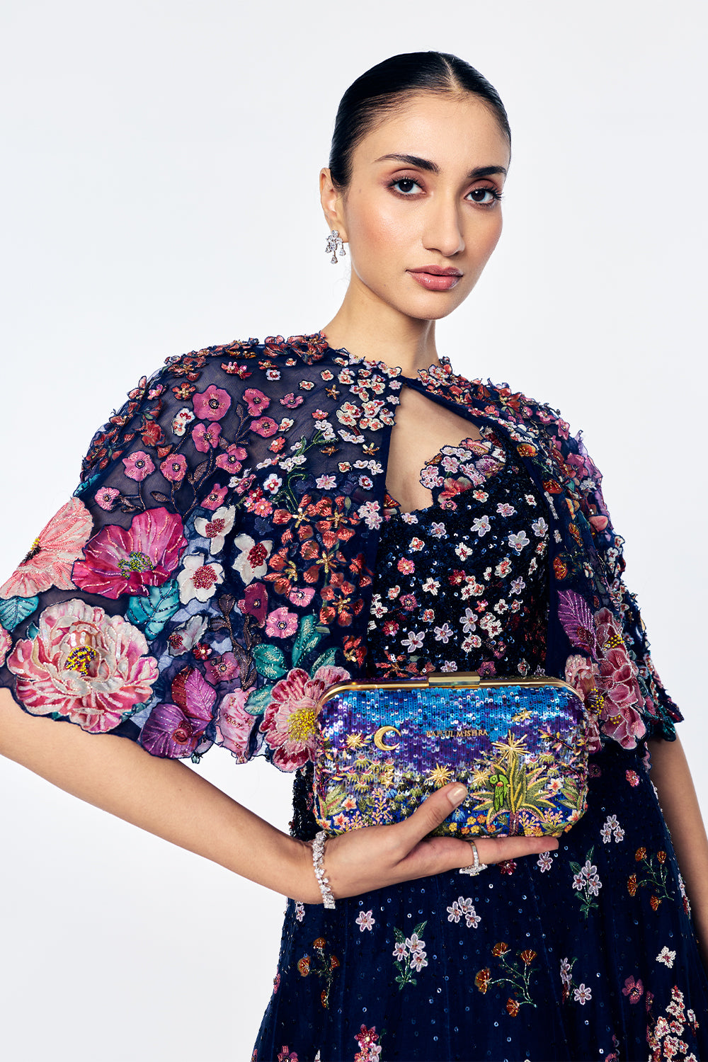 Organza Cape Embellished With Bold Botanical Bouquet Motifs In Navy