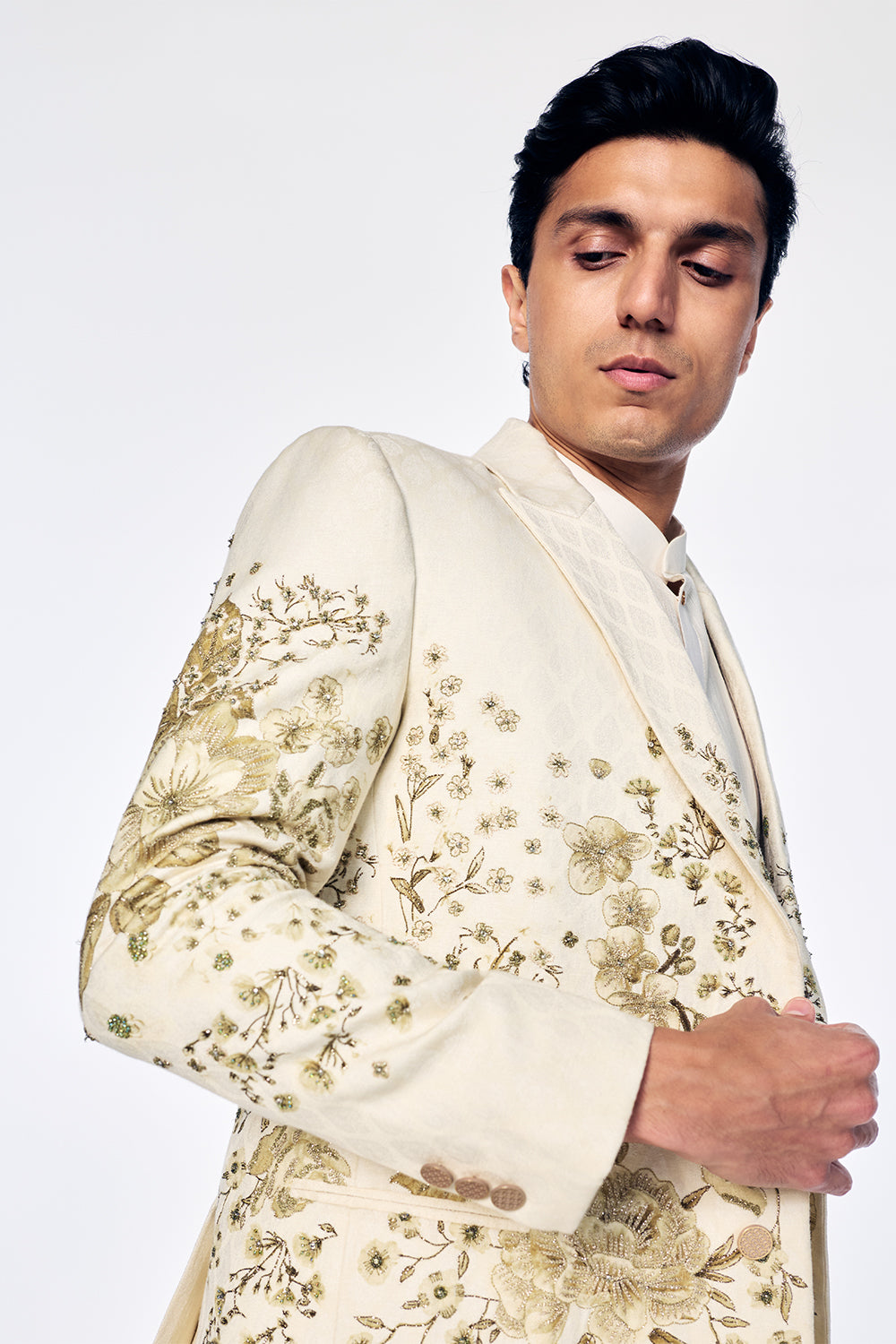 Double-Breasted Jacquard Jacket With Light Gold Zardosi And Floral Embroidery In Ivory