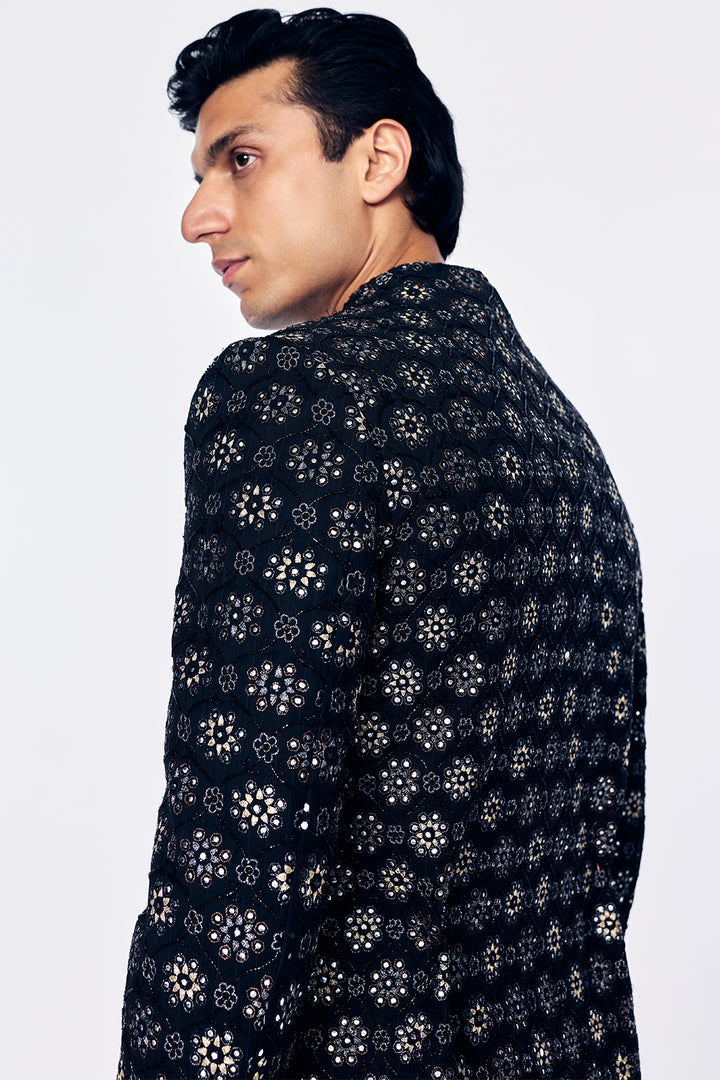 Chanderi Sherwani With Jali Outline Embroidery In Black