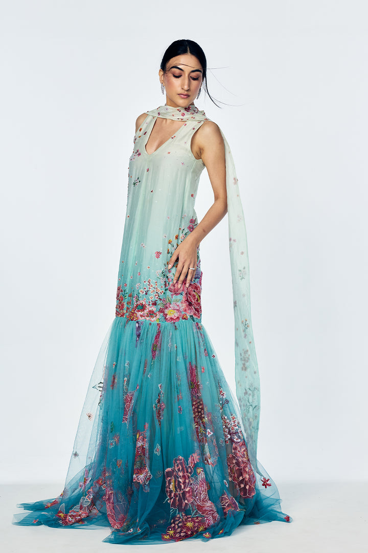 Organza And Silk Crepe A-Line Dress With Painterly Floral Embroidery In Mint