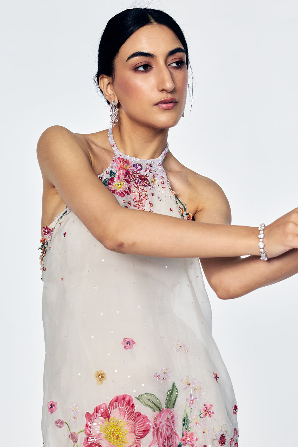 Florence Dress With Satin-Thread Floral Embroidery In Ivory