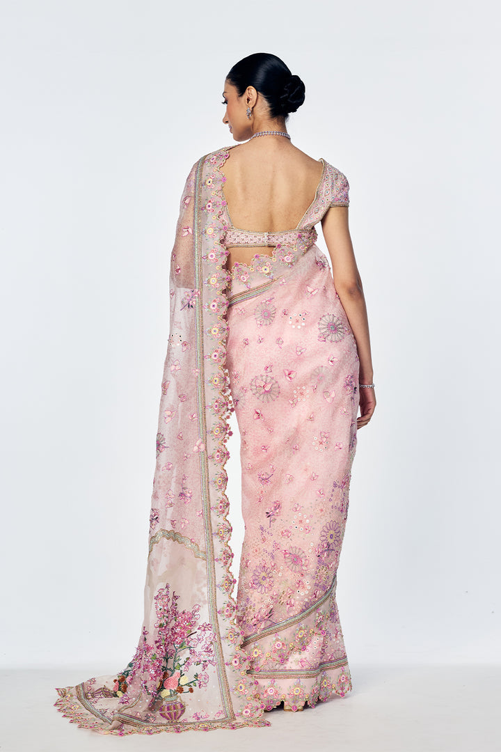 Silk Georgette Saree Set With Bougainvillea Embroidery In Rose Pink