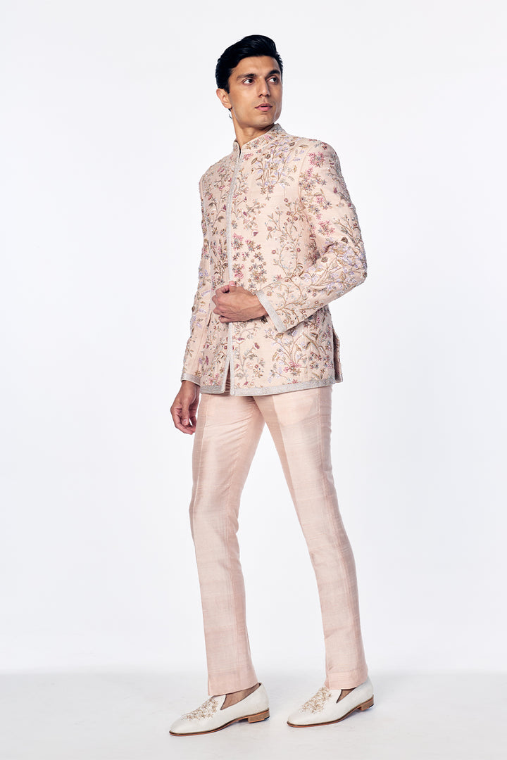 Flat Dupion Silk Bandhgala With Zardosi Floral Embroidery in Rose Gold