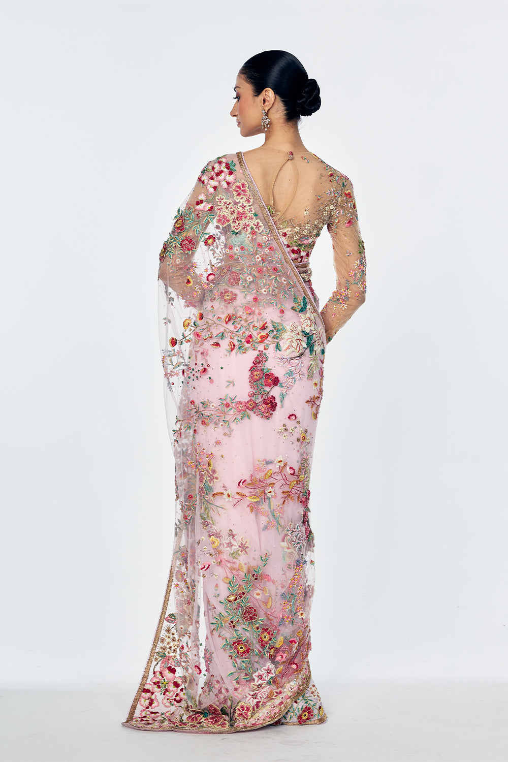 Zenith Saree Set With Botanical Handwork In Lily Pink