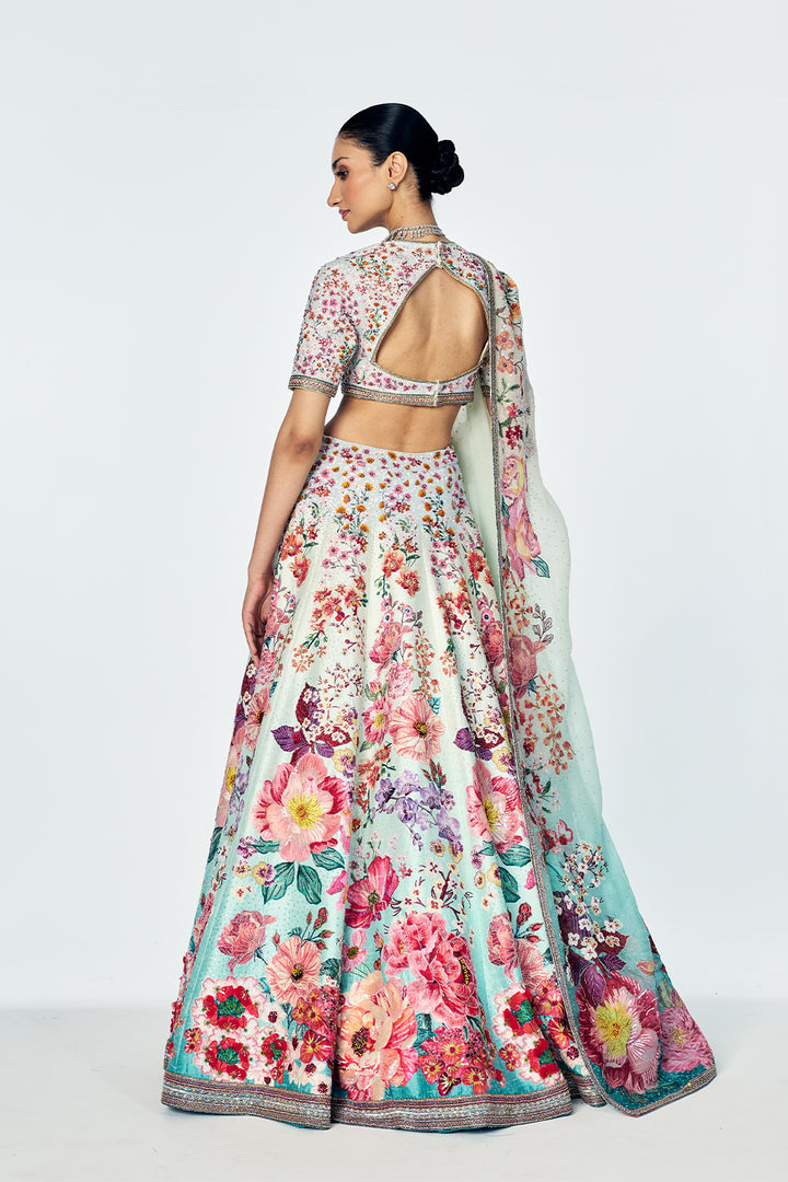 Raw Silk And Organza Lehenga Set With Bouquet Embroidery In Teal