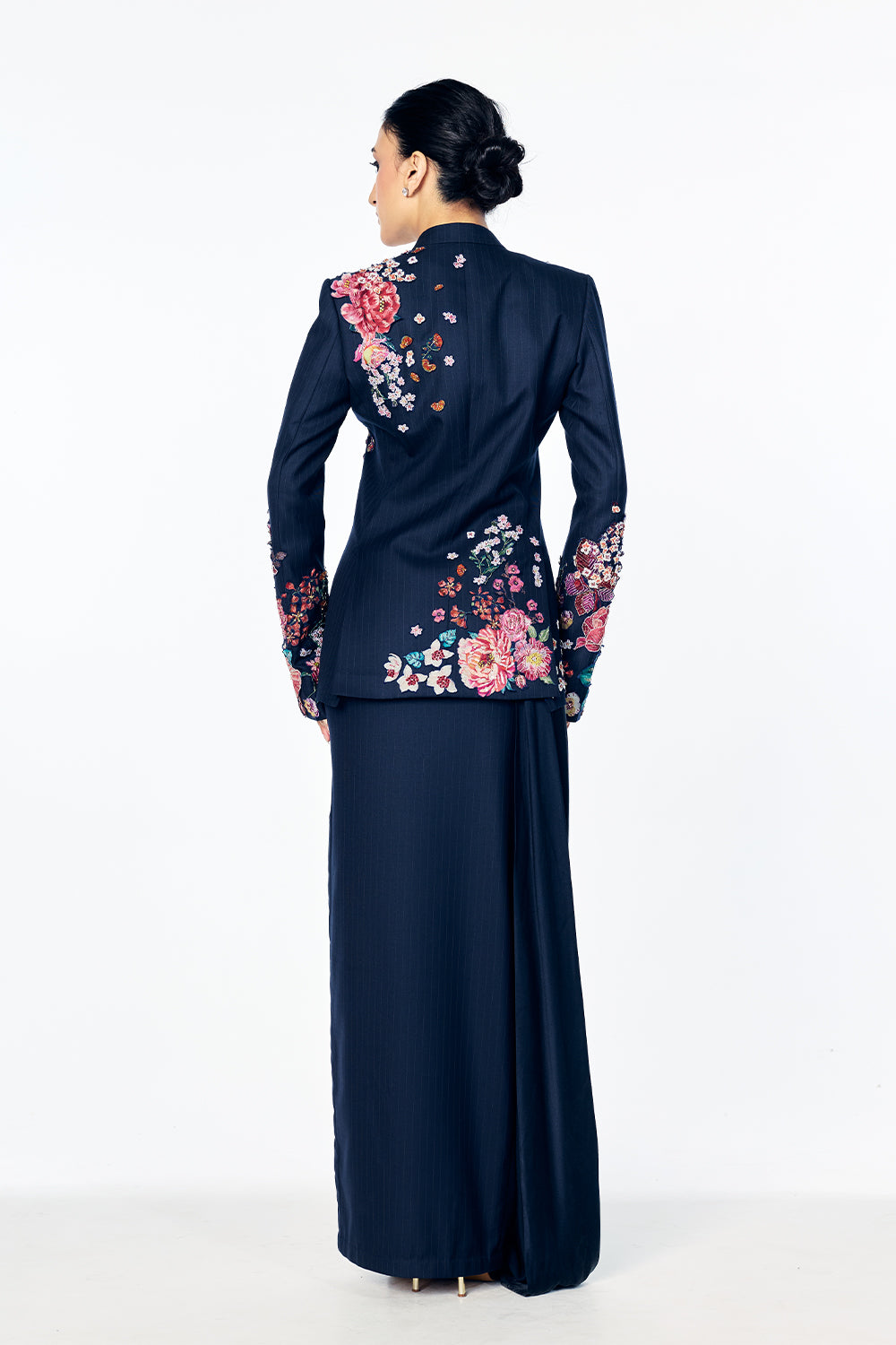 Florence Bandhgala With Tuscany-Inspired Satin-Thread Floral Embroidery In Navy