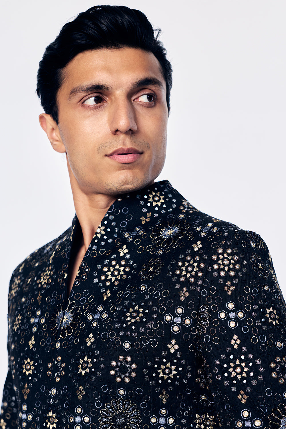 Chanderi Bandhgala With Geometric Jali Embroidery In Black