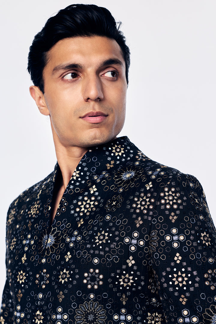 Chanderi Bandhgala With Geometric Jali Embroidery In Black