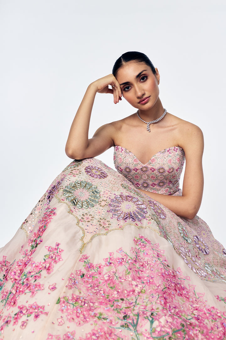 Organza Gown With Mirrorwork And Bougainvillea Embroidery In Lily Pink