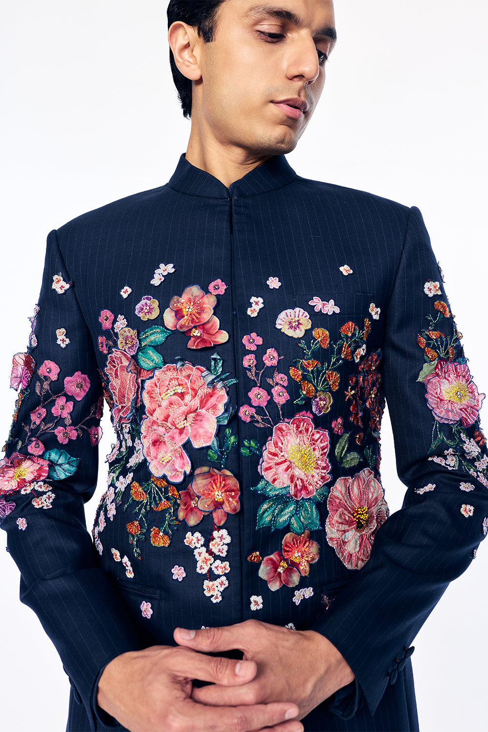 Florence Silk Bandhgala With 3D Floral Embroidery In Navy