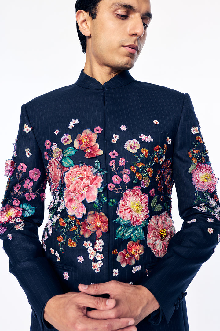Florence Silk Bandhgala With 3D Floral Embroidery In Navy