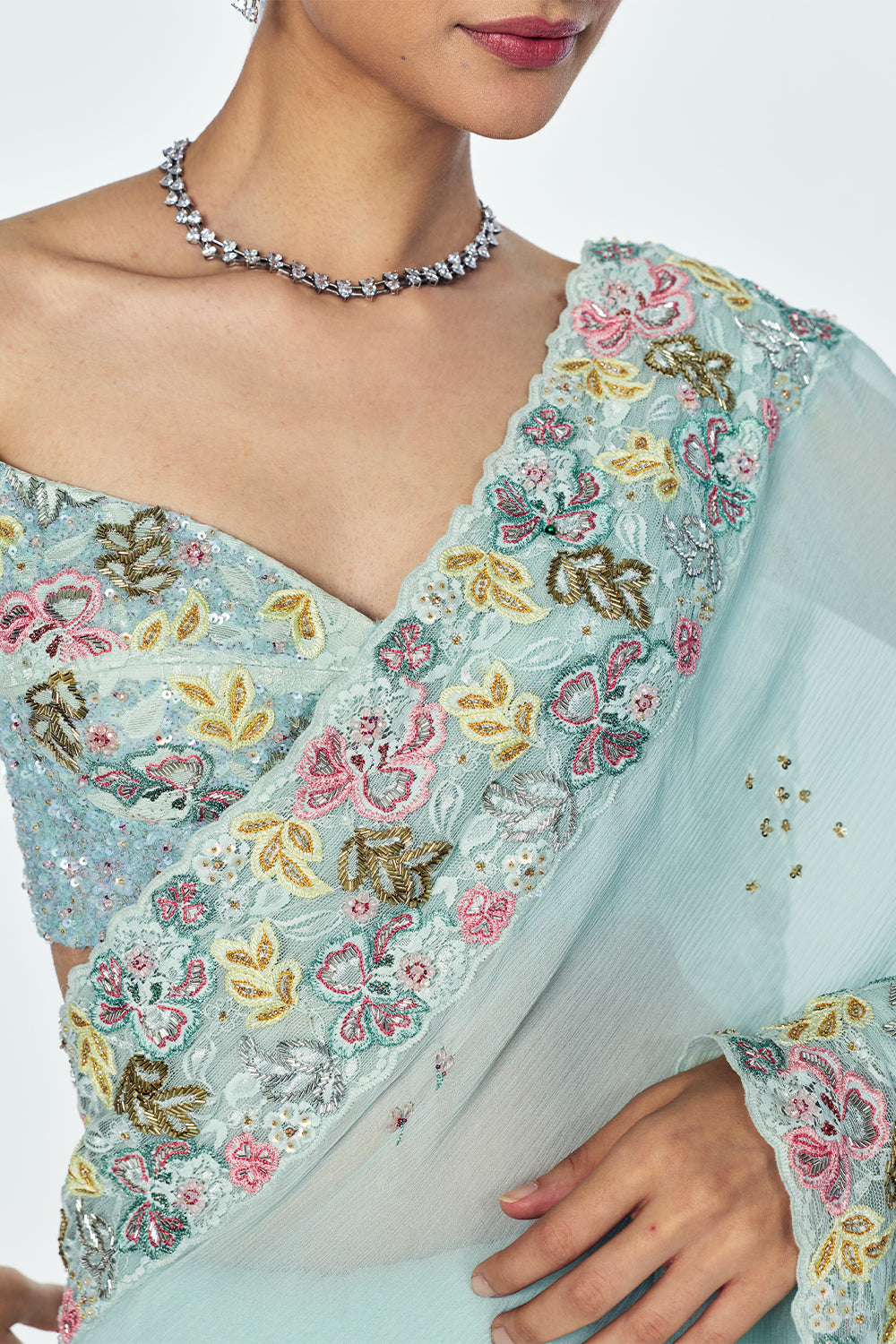 Zenith Saree Set With Intricate Floral Embroidery In Mint