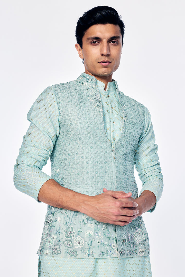 Zenith Silk Organza Bandi With Floral Embroidery And Sequin Highlights In Mint