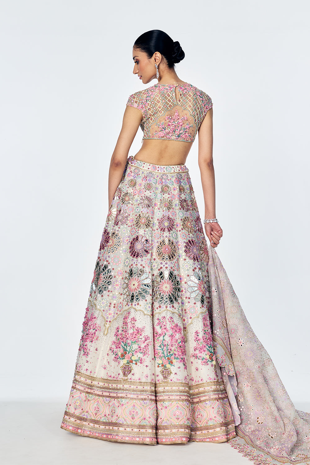 Organza Lehenga Set With Mirrorwork And Bougainvillea Embroidery In Ivory