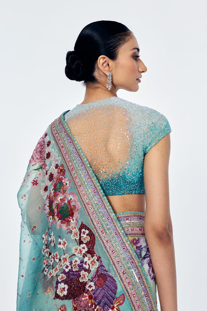 Florence Saree Set In Silk Organza And Soft Net With Satin-Thread Floral Embroidery In Mint