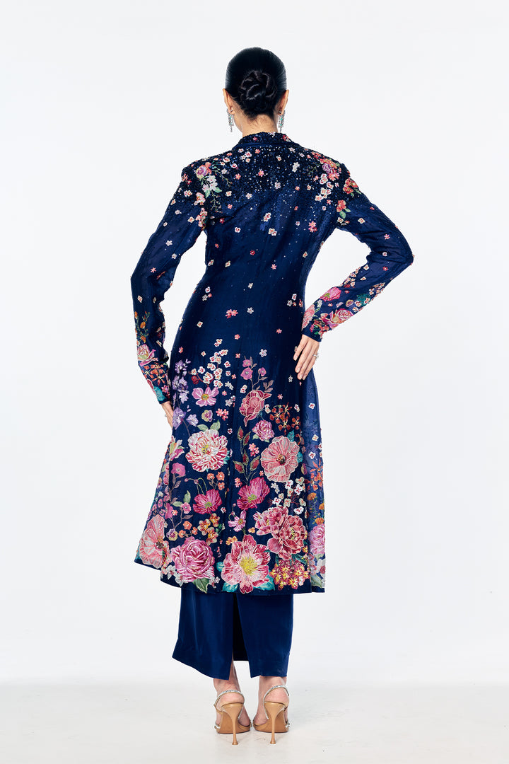 Florence Trench Cat With Satin-Thread Floral Embroidery In Navy